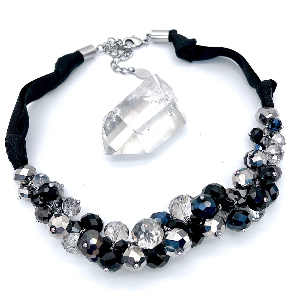 Ali-Khan NY Black+Metallic Crystal Beaded Cluster Collar Statement Necklace